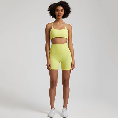 High Stretch Yoga Set Women Workout Sportswear Sexy Backless Sport Bra Suits Summer Short Sets Gym Clothing Sleeveless Tracksuit