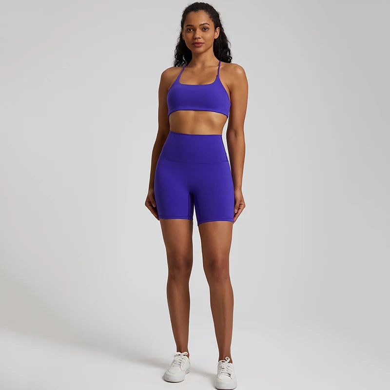 High Stretch Yoga Set Women Workout Sportswear Sexy Backless Sport Bra Suits Summer Short Sets Gym Clothing Sleeveless Tracksuit
