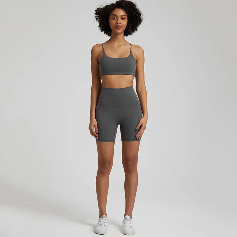 High Stretch Yoga Set Women Workout Sportswear Sexy Backless Sport Bra Suits Summer Short Sets Gym Clothing Sleeveless Tracksuit