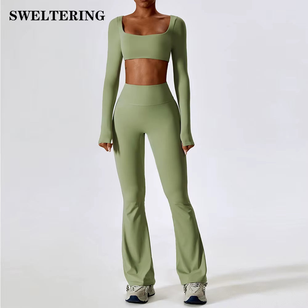 2 Pieces Women Tracksuit Yoga Set Workout Sportswear Gym Clothing Fitness Long Sleeve Crop Top High Waist Leggings Sports Suits