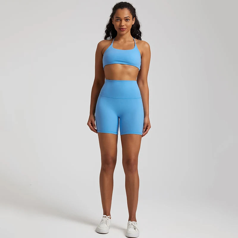 High Stretch Yoga Set Women Workout Sportswear Sexy Backless Sport Bra Suits Summer Short Sets Gym Clothing Sleeveless Tracksuit