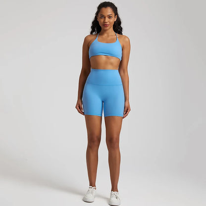 High Stretch Yoga Set Women Workout Sportswear Sexy Backless Sport Bra Suits Summer Short Sets Gym Clothing Sleeveless Tracksuit