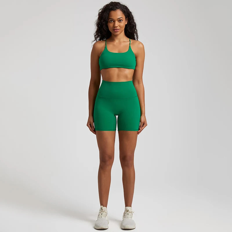High Stretch Yoga Set Women Workout Sportswear Sexy Backless Sport Bra Suits Summer Short Sets Gym Clothing Sleeveless Tracksuit