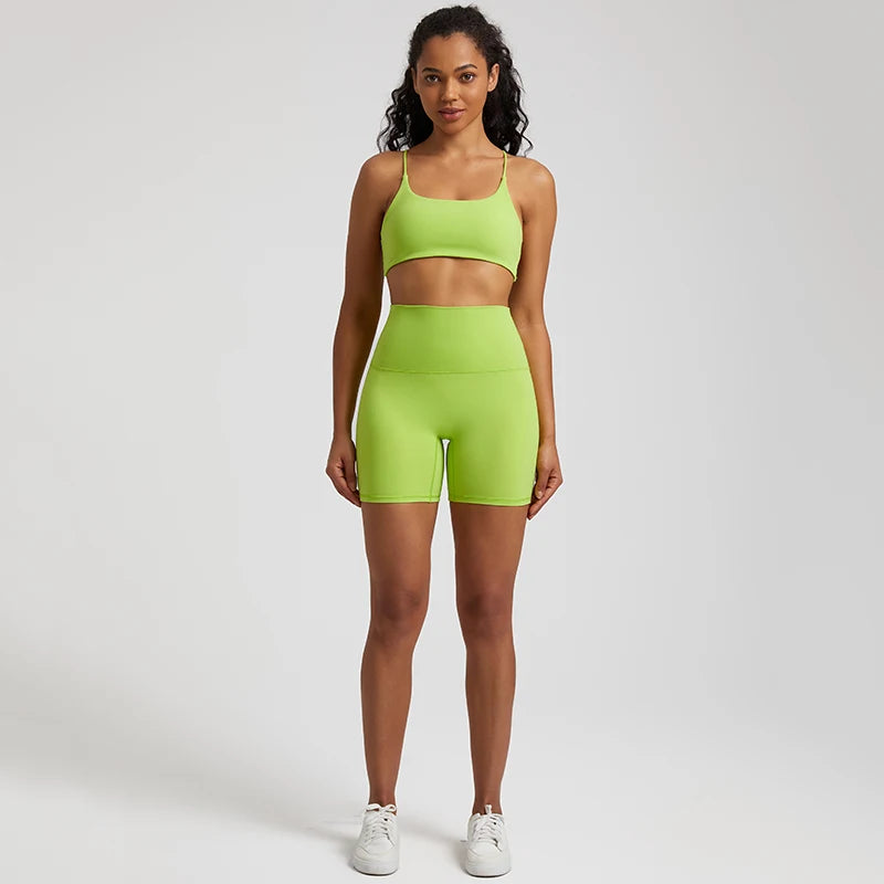 High Stretch Yoga Set Women Workout Sportswear Sexy Backless Sport Bra Suits Summer Short Sets Gym Clothing Sleeveless Tracksuit