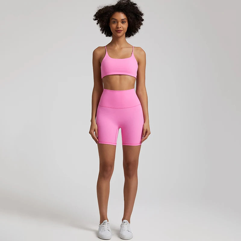 High Stretch Yoga Set Women Workout Sportswear Sexy Backless Sport Bra Suits Summer Short Sets Gym Clothing Sleeveless Tracksuit