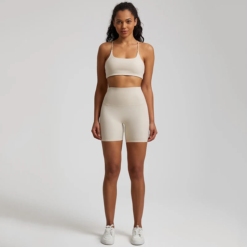 High Stretch Yoga Set Women Workout Sportswear Sexy Backless Sport Bra Suits Summer Short Sets Gym Clothing Sleeveless Tracksuit
