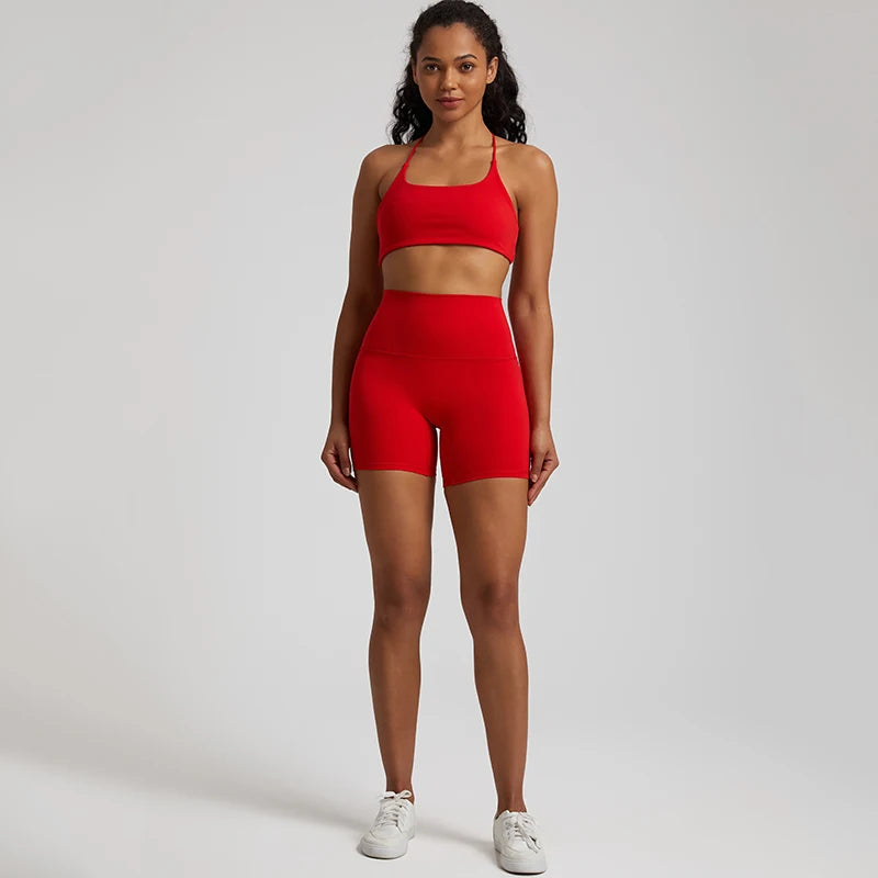 High Stretch Yoga Set Women Workout Sportswear Sexy Backless Sport Bra Suits Summer Short Sets Gym Clothing Sleeveless Tracksuit