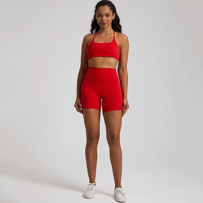 High Stretch Yoga Set Women Workout Sportswear Sexy Backless Sport Bra Suits Summer Short Sets Gym Clothing Sleeveless Tracksuit